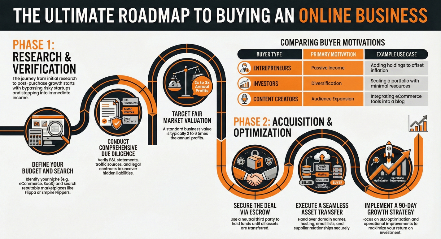 Roadmap to buying an online business. Infographic.