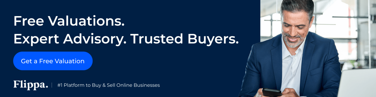 Flippa banner reads trusted buyers, expert advisors.