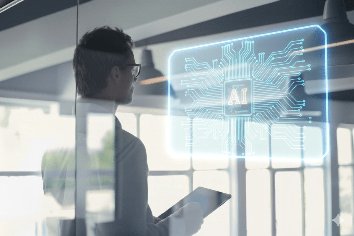 formal-man-with- halogram-tablet-giving-presentation-in-office-about-LLM-guardrails.