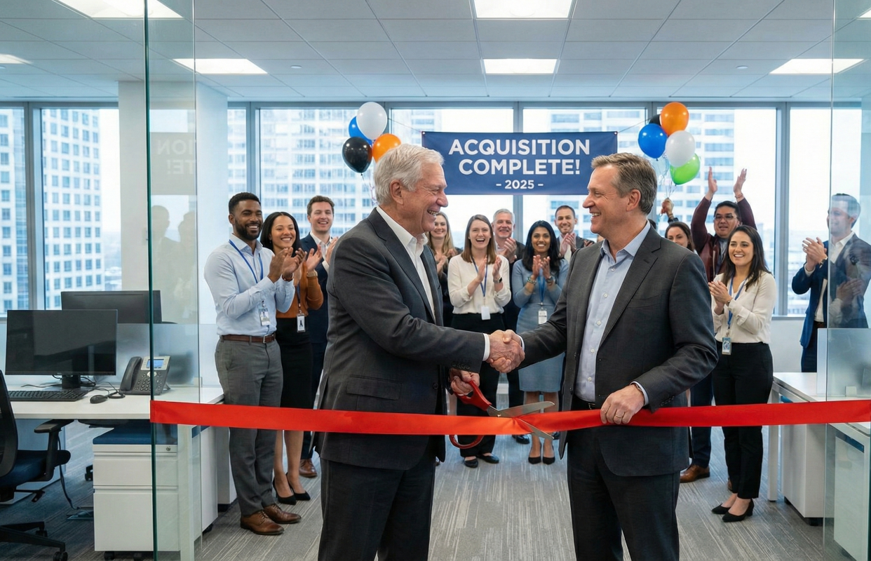 Two business men shaking hands and cutting a ribbon after selling an online business with office staff in the backround.