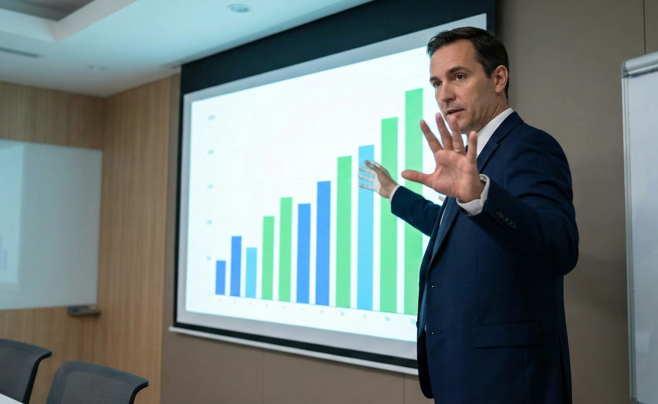 A man standing a chart on the wall holding up his hand.5 realities of valuing a business.