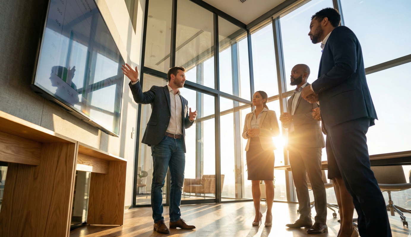 A man standing at screen with three people looking at trhe screen. What is Your Business Proprietary Data Value In The Generative AI Era?