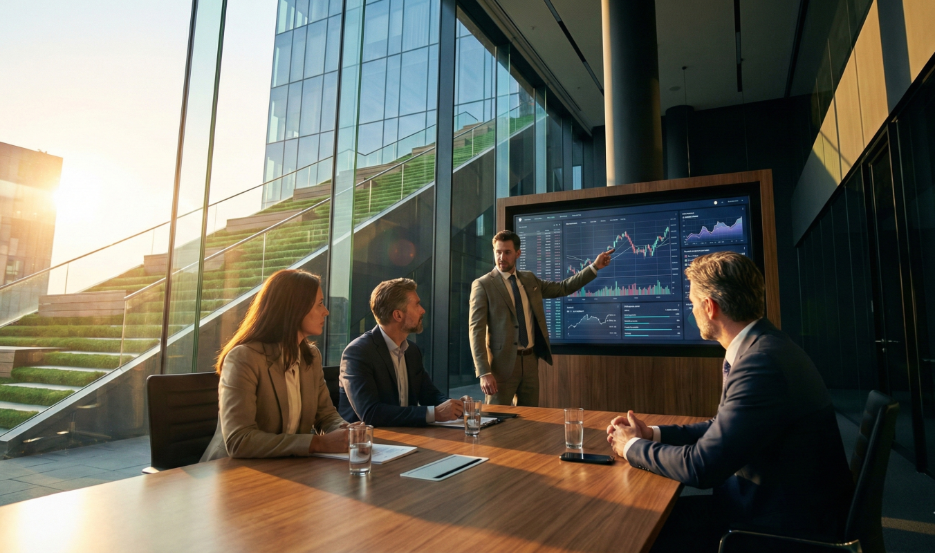 A man giving a presentation in a glass business office with investors at a table discussing Why Wrapper Startups See Lower Margins.