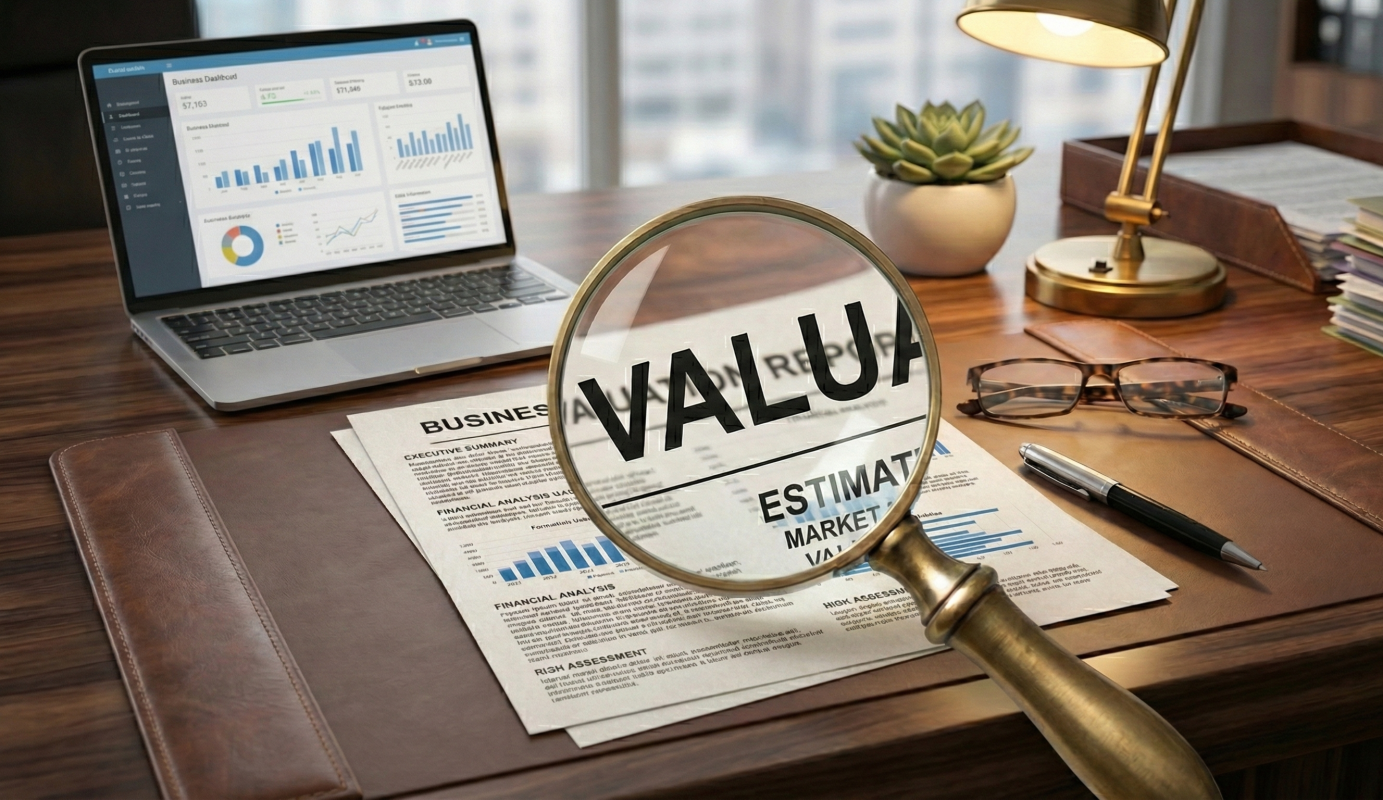 A valuing an AI Saas business report on desk witha magnifing glass hoving over the word valuation.