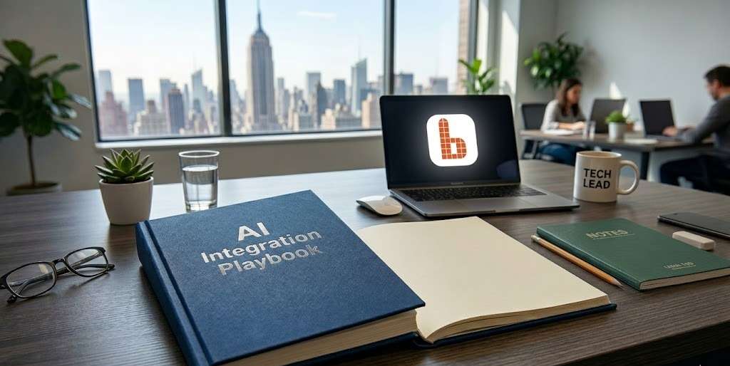 AI Implementation playbook on a desk next to a laptop.